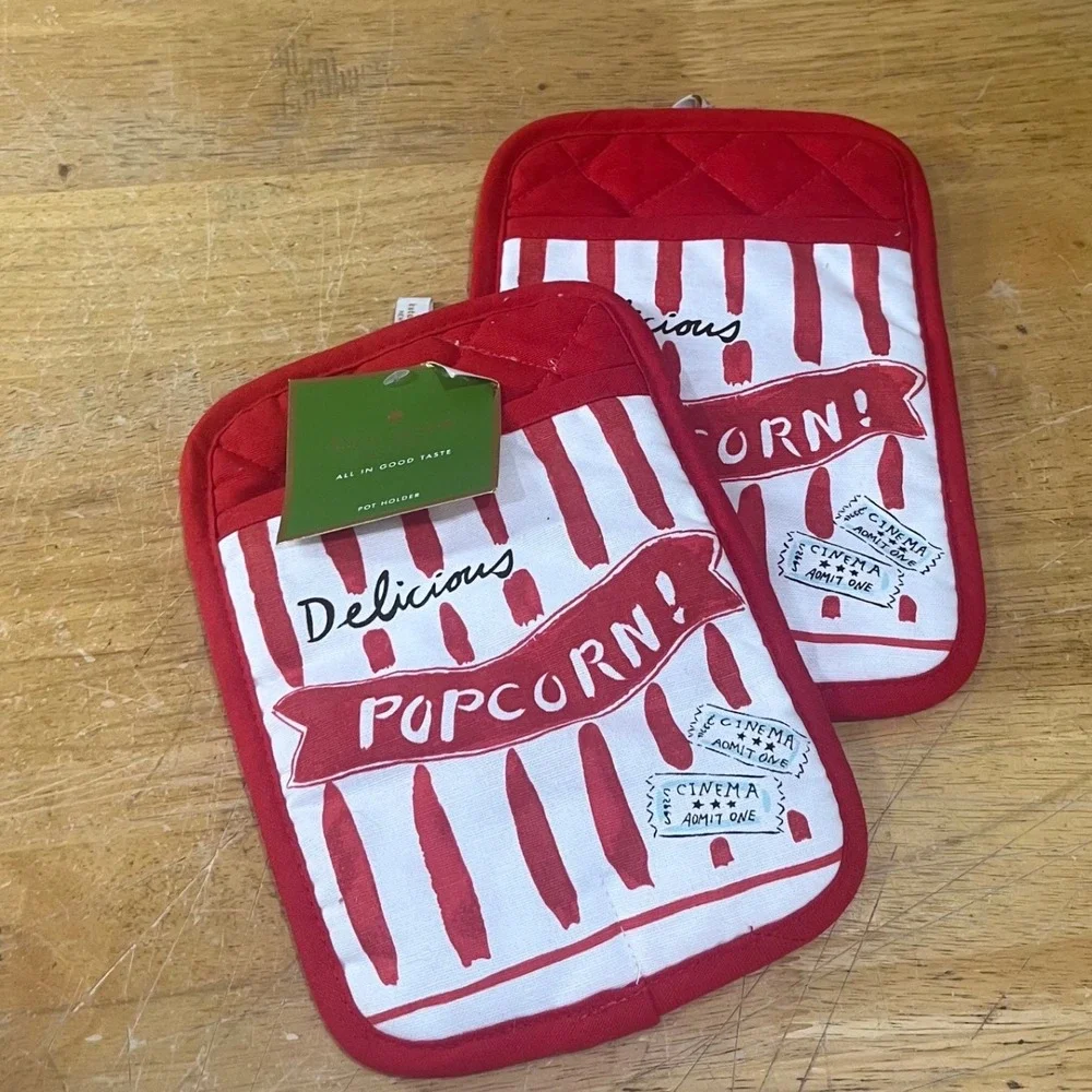 Kate Spade New York Popcorn Pot Holder Set 2pc Red White Retro Cinema Kitsch NWT